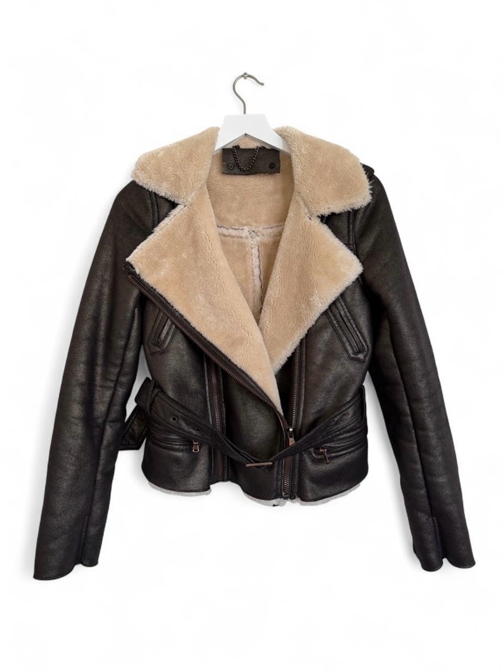 Vintage Faux Shearling Aviator Jacket in Dark Brown with Beige Lining Size S